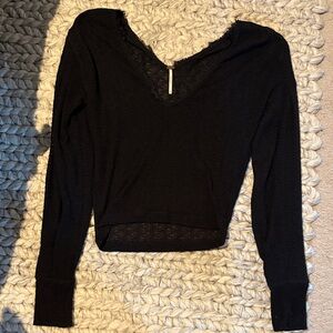 Free People Black V-Neck Lace Long Sleeve Top